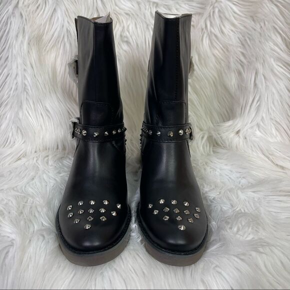 NEW LLKO Black Genuine Leather Studded Mid Calf Moto Booties EUR 38 US 7.5 - Picture 3 of 10